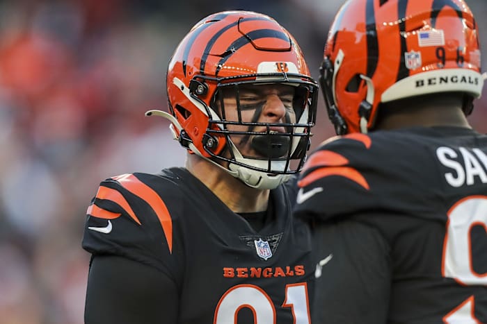 Dec 12, 2021; Cincinnati, Ohio, USA; Cincinnati Bengals defensive end Trey Hendrickson (91) reacts after sacking San Francisco 49ers quarterback Jimmy Garoppolo (not pictured) in the first half at Paul Brown Stadium. Mandatory Credit: Katie Stratman-USA TODAY Sports